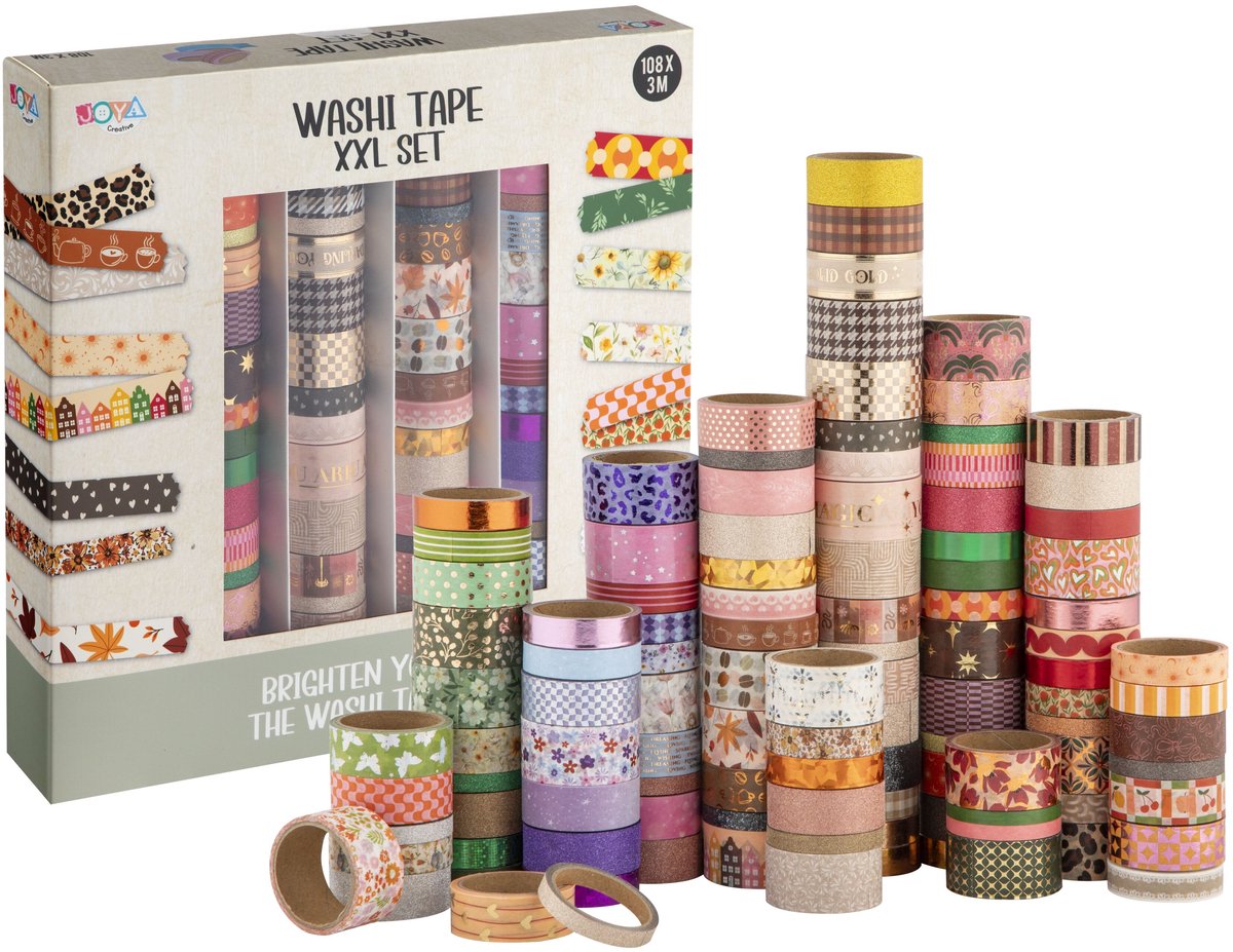 Washi Tape 108pcs - bullet journal accesoires - 3 meter per rol - Verschillende Designs - Stickers & Tapes - Journaling - Stickers Bullet Journal - Joya Creative