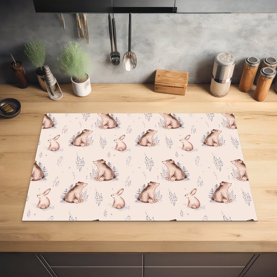 KitchenYeah® Inductie beschermer 80.2x52.2 cm - Winter - Patronen - Konijn - Beer - Kookplaataccessoires - Afdekplaat voor kookplaat - Inductiebeschermer - Inductiemat - Inductieplaat mat