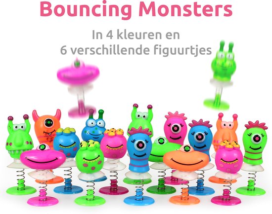 Grote groep kleurrijke springmonsters: groen, roze, blauw, oranje en kikkerfiguurtjes.