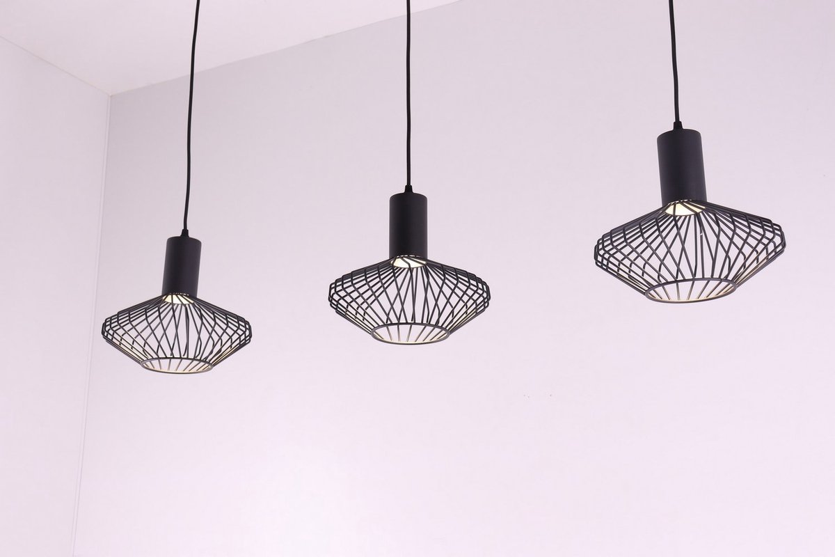 Hanglamp Wire - 3 lichts - zwart opengewerkt - met Gu10 spots - 100cm