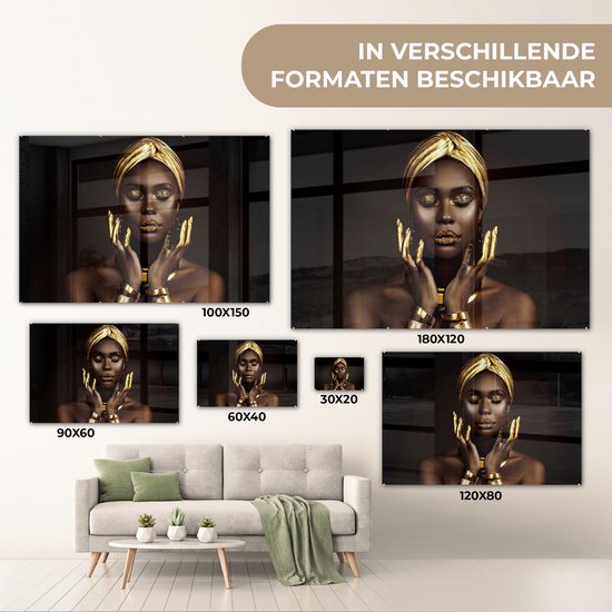 MuchoWow® Glasschilderij 120x80 cm - Schilderij acrylglas - Vrouw - Abstract - Goud - Portret - Foto op glas - Muurdecoratie woonkamer - Wanddecoratie slaapkamer - Schilderijen