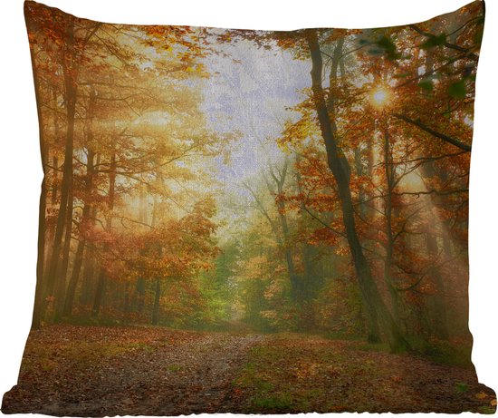 Foto: Buitenkussen bos herfst zon landschap natuur bomen bladeren 45x45 cm weerbestendig