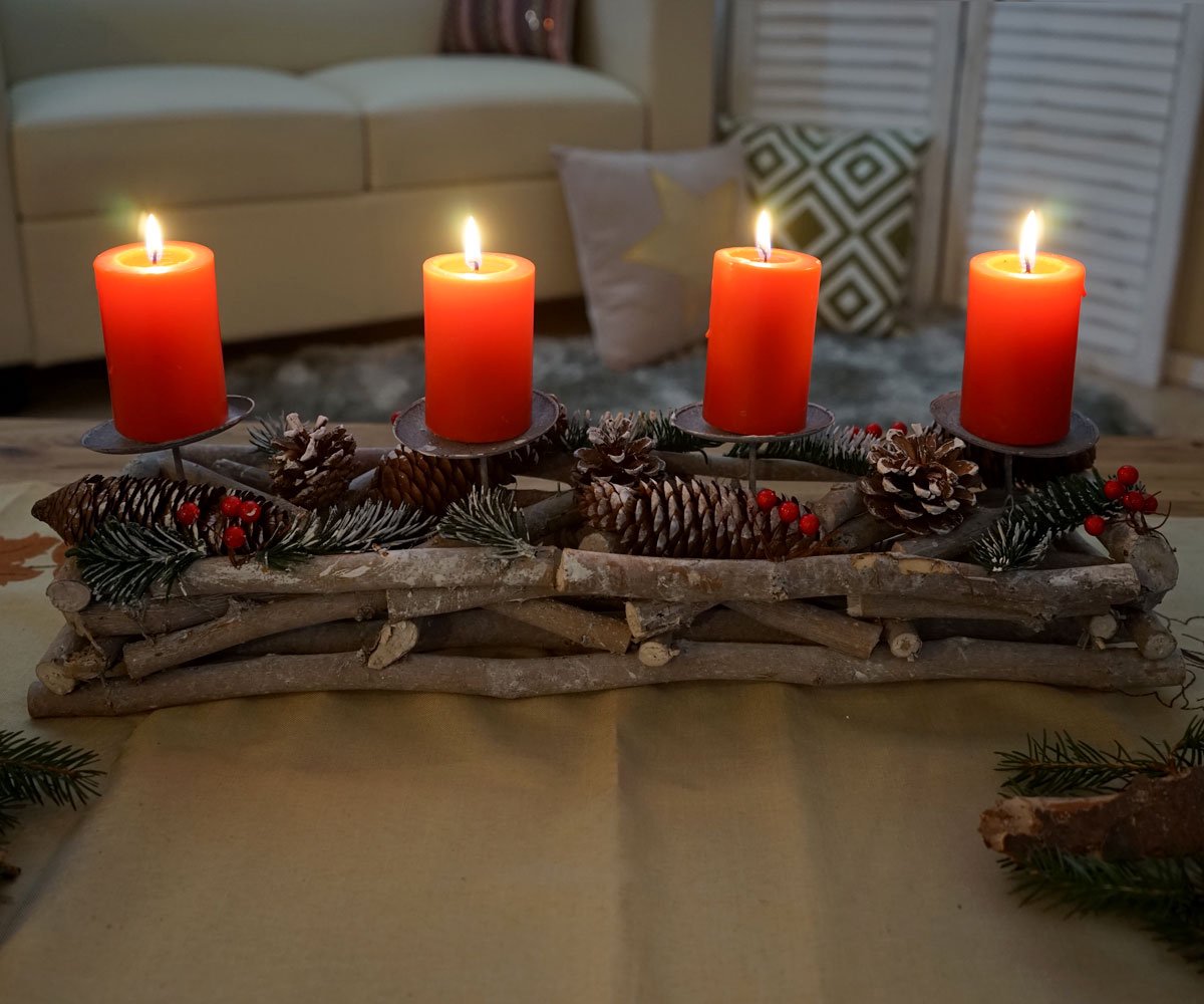 Adventskrans langwerpig, kerstdecoratie adventsarrangement, hout 11x15x50cm wit-grijs ~ met kaarsen, rood