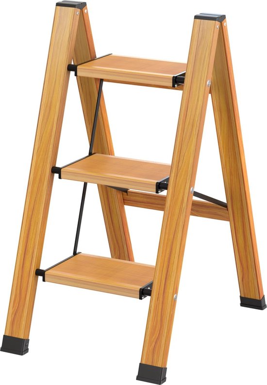 Foto: Vouwladder trapladder 3 treden inklapbaar aluminium vouwtrap draagbare trapladder antislip huishoudladder tot 150 kg multifunctionele ladder met houtnerf voor keuken badkamer camping