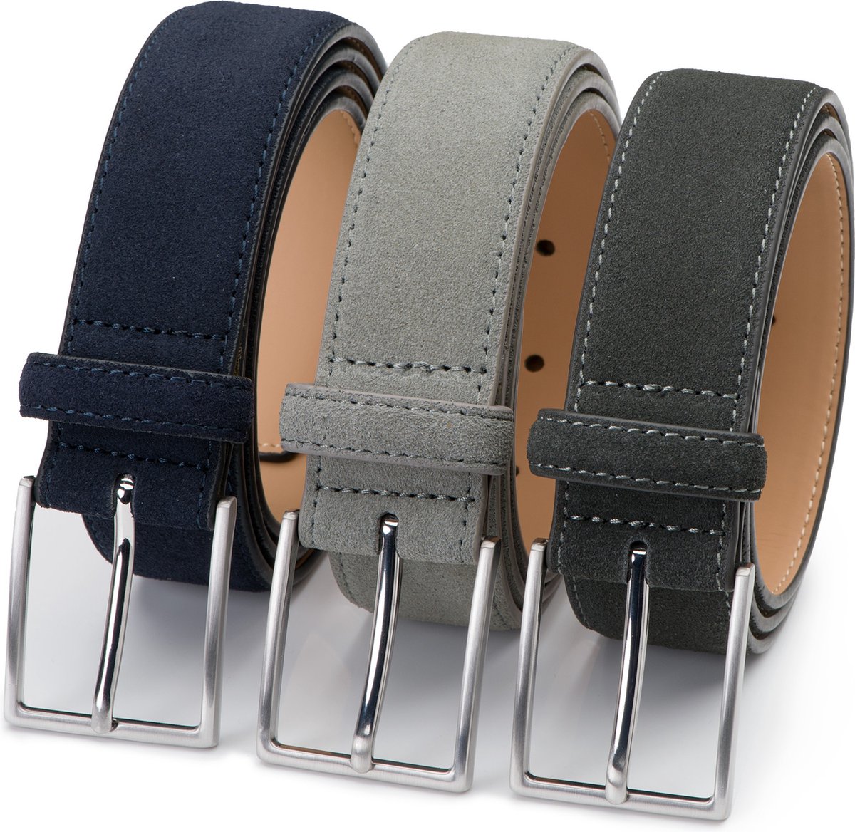DTCH.FIT Herenriem Suède Bobby - Riem Blauw, Lichtgrijs & Grijs - Pantalon & Jeans Broekriem - Riemmaat 85cm - Totale lengte 100cm - 3 Stuks