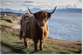 Muurdecoratie Schotse Hooglander - Bergen - Zee - 180x120 cm - Tuinposter - Tuindoek - Buitenposter