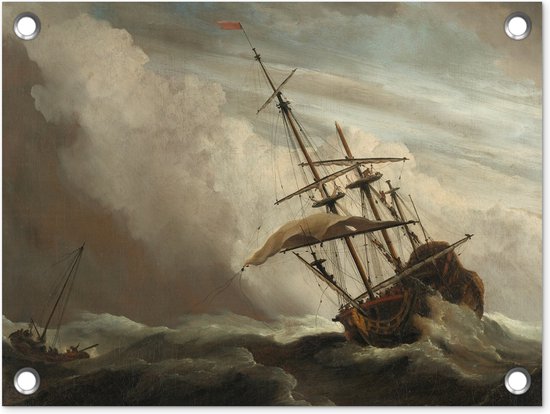 Tuin decoratie Een schip in volle zee bij vliegende storm - Schilderij van Willem van de Velde - 40x30 cm - Tuindoek - Buitenposter