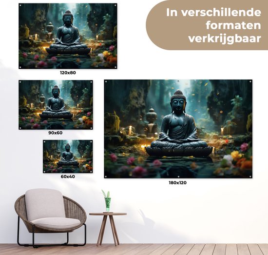 Tuinposter Boeddha - Tuindecoratie Buddha beeld - 120x80 cm - Tuindoek - Muurdecoratie voor buiten - Schuttingposter - Tuinschilderijen Japan zen - Tuinwanddecoratie - Tuinposters
