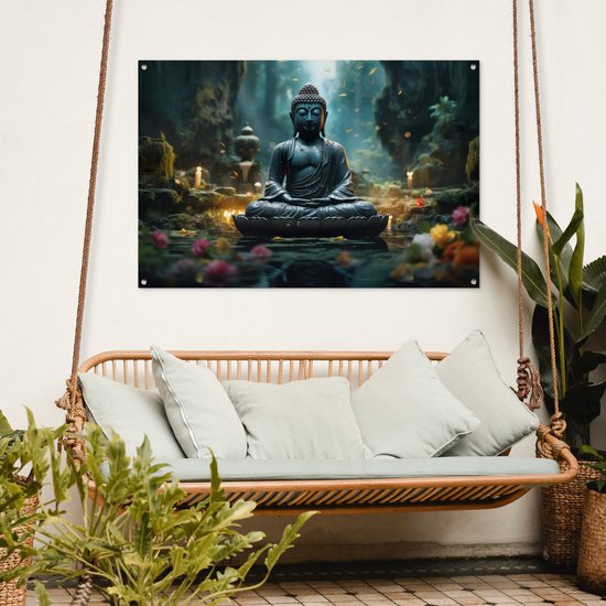 Tuinposter Boeddha - Tuindecoratie Buddha beeld - 120x80 cm - Tuindoek - Muurdecoratie voor buiten - Schuttingposter - Tuinschilderijen Japan zen - Tuinwanddecoratie - Tuinposters