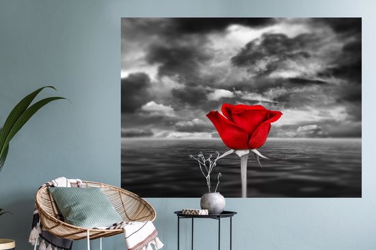Sticker Muursticker Rouge noir blanc - Photo Zwart et blanc de rose rouge, contre mer et ciel nuageux - 120x90 cm - film adhésif autocollant - sticker mural repositionnable