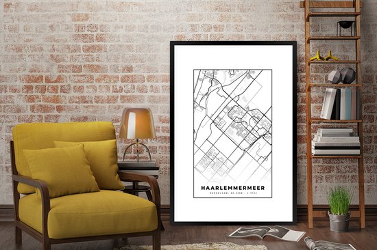 Cadre photo avec affiche - Carte - Haarlemmermeer - Zwart - Wit - 80x120 cm - Cadre pour affiche