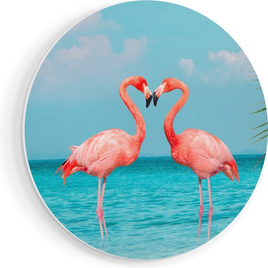 Artaza Forex Muurcirkel Twee Flamingo's in een Hart Vorm in het Water - 50x50 cm - Klein - Wandcirkel - Rond Schilderij - Muurdecoratie Cirkel