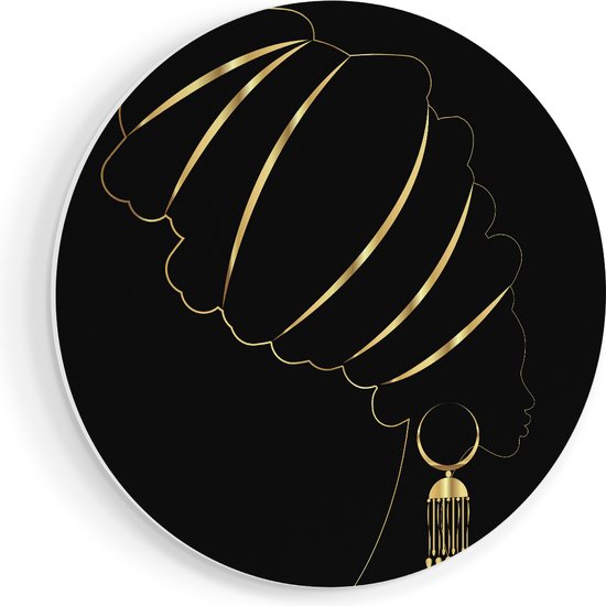 Artaza Forex Muurcirkel Afrikaanse Vrouw Met Gouden Zwarte Tulband - 80x80 cm - Groot - Wandcirkel - Rond Schilderij - Wanddecoratie Cirkel