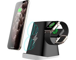 foto van DrPhone DualStation – 2 In 1 Dockingstation – Anti Slip – Met Pennenbakje - Overcharge Protection – Geschikt voor IOS Telefoon Met Magnetische Ring / IOS Smartwatch - Zwart