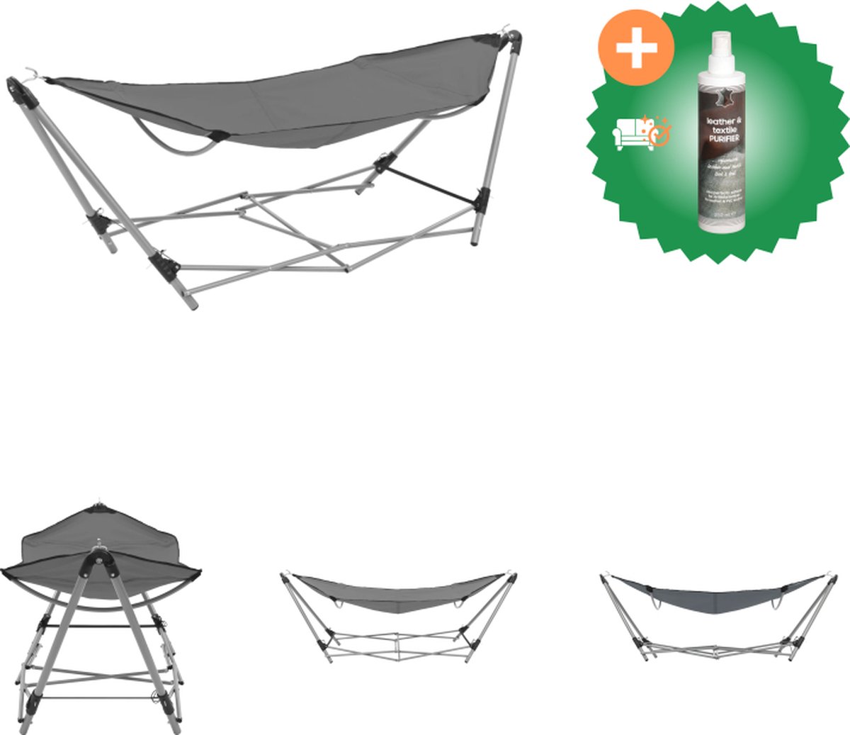 VidaXL Hangmat met inklapbare standaard grijs Hangmat Inclusief Reiniger