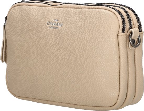 Een beige leren crossbody tas met drie ritsen en het 'CHARM LONDON' logo op de voorkant.