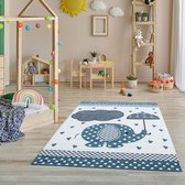 Flycarpets Kids Vloerkleed Kinderkamer - Blauw - Olifant Speelkleed / Speelmat - Laagpolig - 80x150 cm