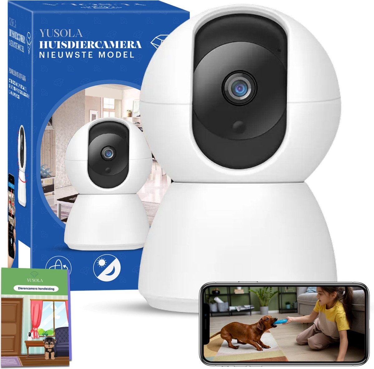 Yusola® Huisdiercamera 1080P Full HD - Beveiligingscamera Met App - Hondencamera Binnen - WiFi - INC SD Kaart 32GB - Bewegingsdetectie - Wit - Voor Hond / Katten / Dieren / Baby - Met Handleiding - Yusola