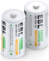 EBL 2-Pack Oplaadbare D Cell Batterijen 10000 mAH - Duurzame 1.2V NI-MH Oplaadbare Batterijen