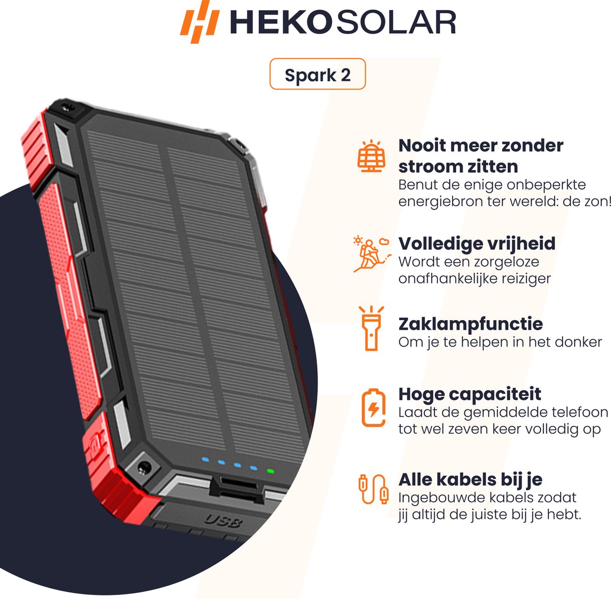 HEKO Solar Powerbank Spark 2 30000mAh Rood met USB-C en - afbeelding 3