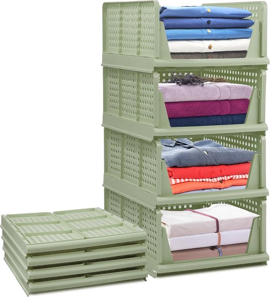 Set van 4 stapelbare opvouwbare opbergdozen voor kledingkast, kunststof kledingkast, kast, organizer, box, uittrekbaar als een lade, geschikt voor thuis, slaapkamer, keuken (groen)