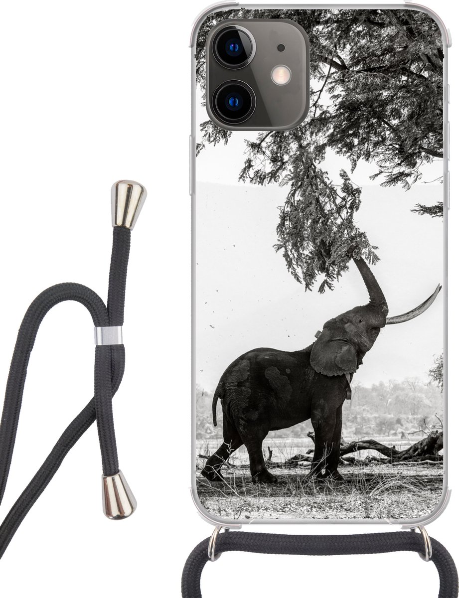 Telefoonhoesje Geschikt voor iPhone 12 - Olifant - Boom - Dieren - Zwart wit - Siliconen - Crossbody - Backcover met Koord - Telefoonhoesje met koord - Hoesje met touw Telefoonhoesje