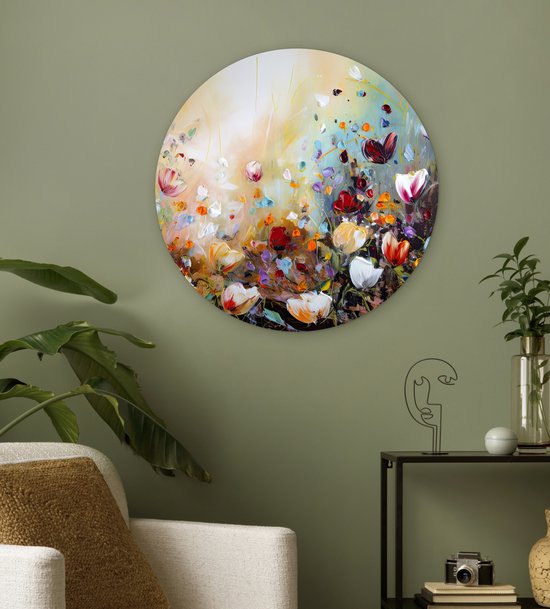 WallCircle - Cercle mural - Cercle mural intérieur - Peinture à l'huile - Fleurs - Coloré - Nature - 60x60 cm - Décoration murale - Peintures ronds