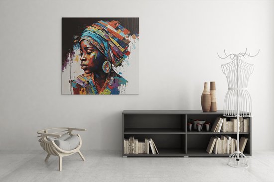 Canvas Schilderij - Afrikaanse Vrouw - Portret - Wall Art - 100x100x2 cm
