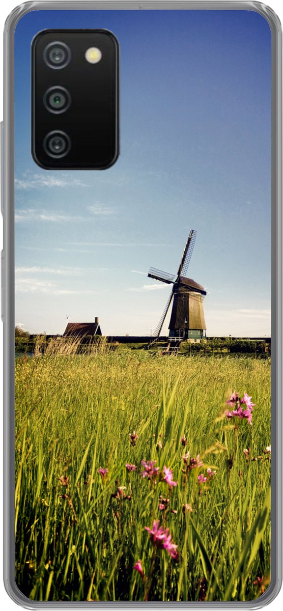 Telefoonhoesje Geschikt voor Samsung Galaxy A03s hoesje - Een molen met bloemen - Siliconen Telefoonhoesje Telefoonhoesje