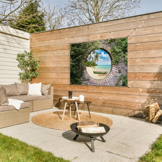 Jardin - Palmier - Vue - Pierre - Canoë - Toile de clôture - 120x80 cm - Affiche de jardin - Toile de jardin