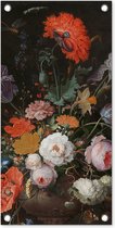 Tuinposter Stilleven met bloemen en een horloge - Schilderij van Abraham Mignon - 30x60 cm - Tuindoek - Buitenposter