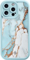 Casimoda® hoesje - Geschikt voor iPhone 15 Pro Max - Marmer Lichtblauw - Effen telefoonhoesje met lensbescherming - TPU - Backcover - Blauw