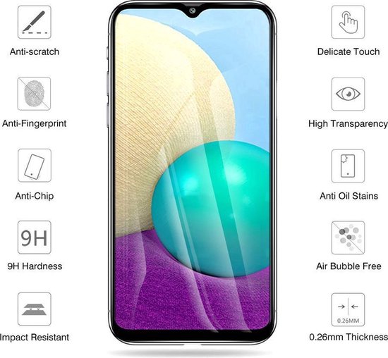 Telefoon met een screenprotector en iconen voor anti-kras, anti-vingerafdruk, 9H hardheid.