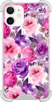 Casimoda® hoesje - Geschikt voor iPhone 12 Mini - Rosy Blooms - Shockproof case - Extra sterk - TPU/polycarbonaat - Paars, Transparant