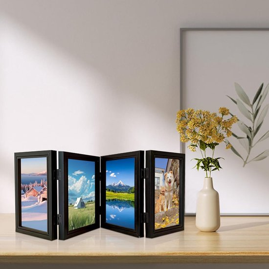 GWAEPU Fotolijst collage hout voor 4 foto's: 10 x 15 cm fotolijst meerdere afbeeldingen vouwfotolijst met front voor kantoor familie verjaardag bruiloft bureau geschenk decoratie