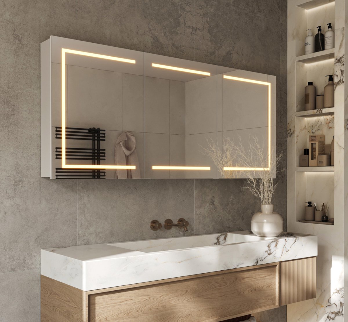 Schaere - Aluminium Badkamer Spiegelkast - Directe Verlichting Rondom - Spiegel Verwarming - Stopcontact - USB - Make-Up Spiegel - Sensor Schakelaar - 160×70 cm