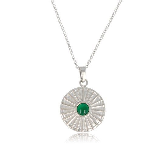 My Bendel - Zilverkleurige ketting zonnetje met Green Agate edelsteen - Zilverkleurige fijne schakelketting met een zonnetje hanger en Green Agate edelsteen - Met luxe cadeauverpakking