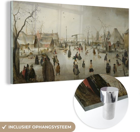 MuchoWow® Glasschilderij 120x60 cm - Schilderij acrylglas - Schaatsenrijden in een dorp - Schilderij van Hendrik Avercamp - Foto op glas - Schilderijen