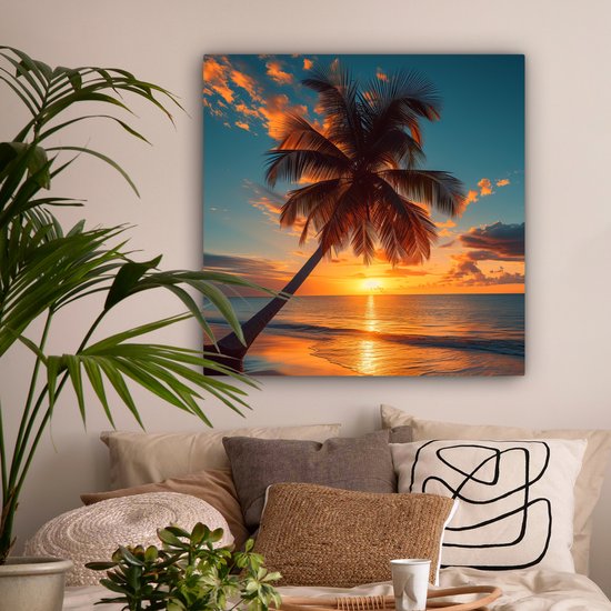 Canvas Schilderij 90x90 cm - Zonsondergang - Palmboom - Zee - Horizon - Strand - Muurdecoratie woonkamer - Woondecoratie - Kamer accessoires - Natuur schilderijen