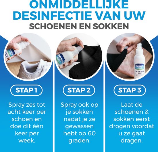 Drie stappen om schoenen en sokken te desinfecteren met Imperial Feet spray.