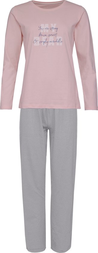 By Louise Dames Pyjama Set Lang Katoen Roze / Grijs Gestreept - Maat L