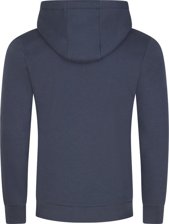 Achterkant van een donkerblauwe hoodie met capuchon en effen rug.