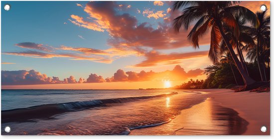 Tuinposter zonsondergang - Tuindecoratie palmbomen strand - 80x40 cm - Wanddecoratie voor buiten - Schutting decoratie - Buitenposter natuur - Schuttingdoek - Tuindoeken - Tuin doek - Balkon poster