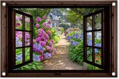 Tuinposter doorkijk bloemen - Donkerbruin raam - Tuindecoratie hortensia - 60x40 cm - Tuinschilderij voor buiten paars - Tuindoek - Wanddecoratie tuin - Schuttingdoek - Balkon decoratie - Muurdecoratie - Buitencanvas tuinversiering