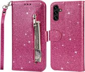 Portemonnee Hoesje - Wallet Case - Rits Sparkly Glitter - Telefoonhoes met Kord Geschikt voor: Samsung Galaxy A13 4G & 5G / A04s / M13 5G - Roze