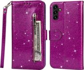 Portemonnee Hoesje - Wallet Case - Rits Sparkly Glitter - Telefoonhoes met Kord Geschikt voor: Samsung Galaxy A13 4G & 5G / A04s / M13 5G - Paars