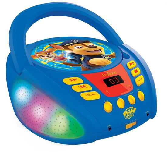 Blauwe Lexibook Bluetooth CD-speler met Paw Patrol-print, rode speakergrille, gekleurde lichteffecten en draaggreep.