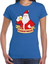 Fout kerstshirt / t-shirt blauw santa met pul bier voor dames - kerstkleding / christmas outfit S