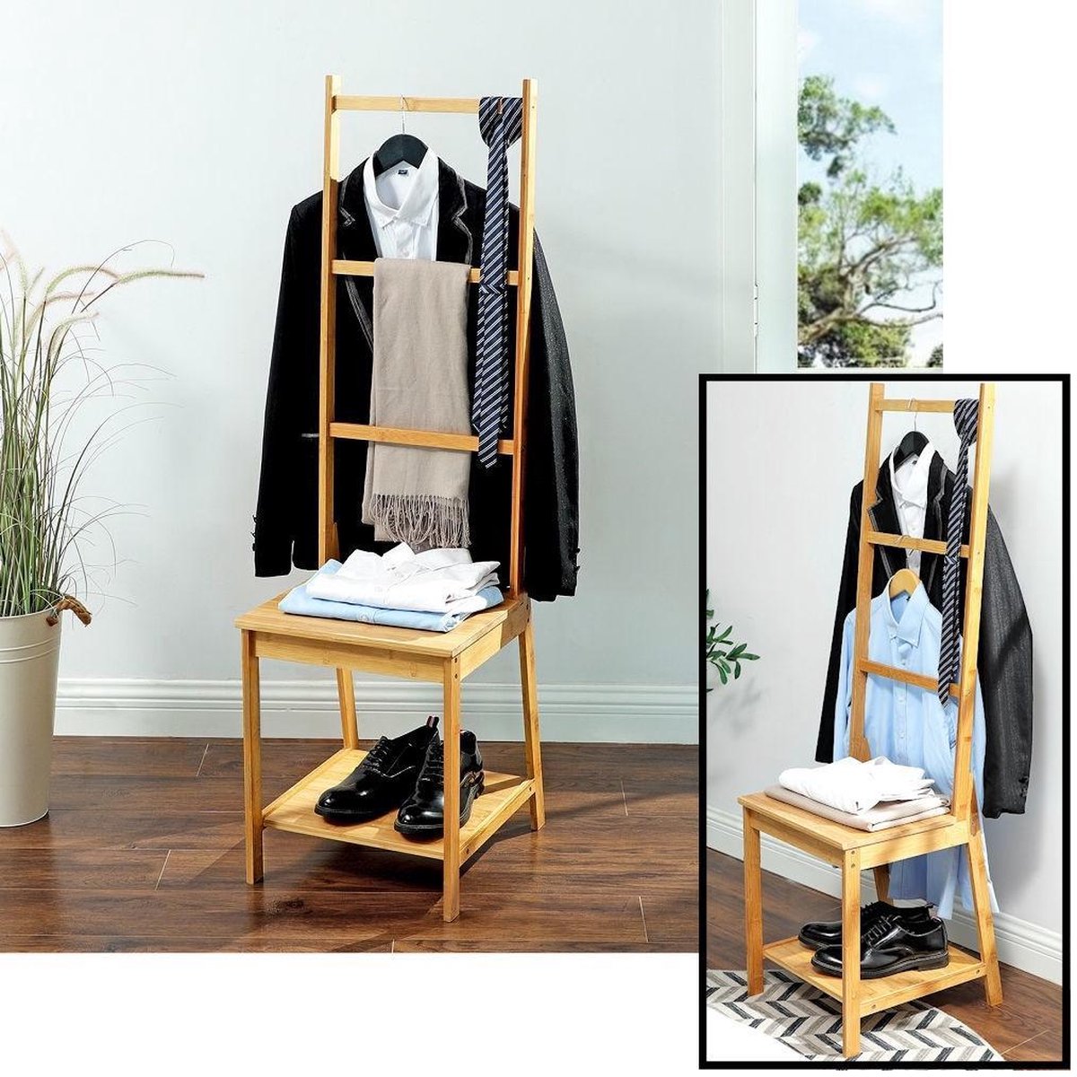 aanvaarden linnen Demon Decopatent® Dressboy van bamboe hout - Kledingstandaard stoel met zitting  en rekken -... | bol.com