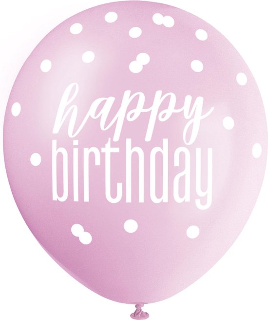 Ballon Happy Birthday Glitz roze paars wit | 6 stuks